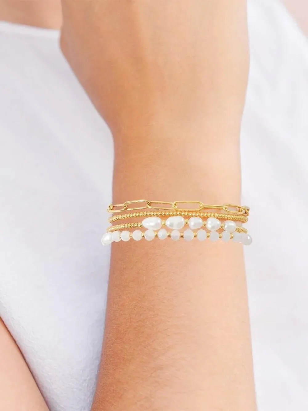 Dainty Gold Plated Pearl Crystal Beaded Bracelets Set for Women 14K Gold Plated - Picture 4 of 7